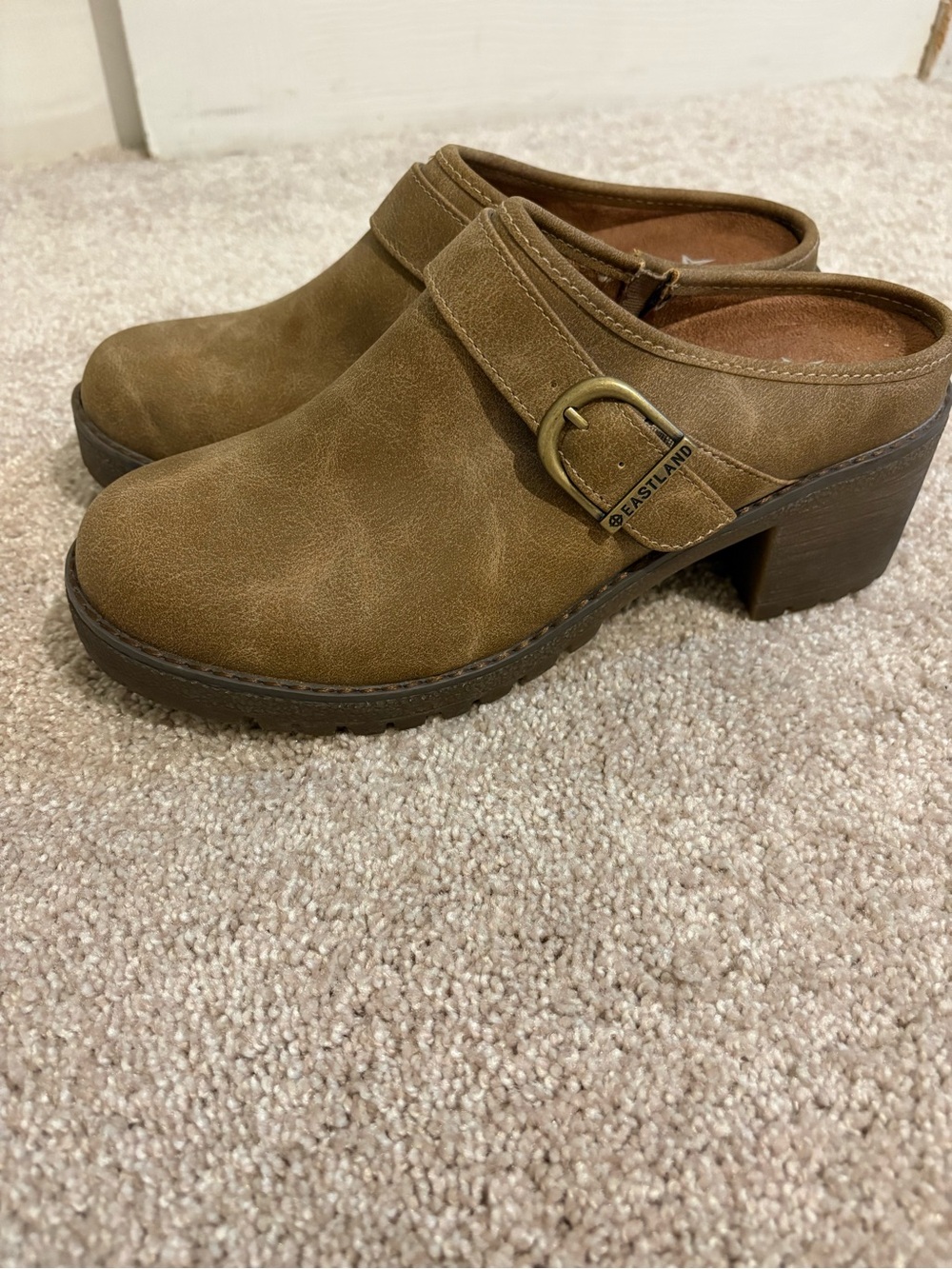 Eastland Tan Suede Buckle Clog Mule